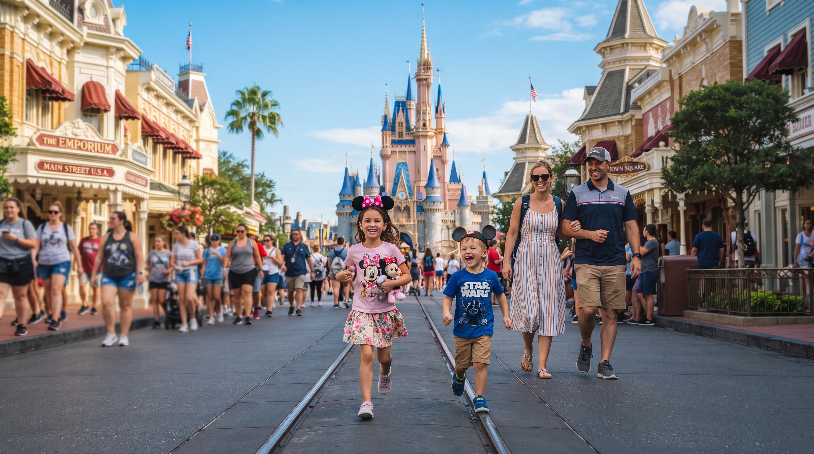 A family enjoying a sunny day on Main Street at Walt Disney World